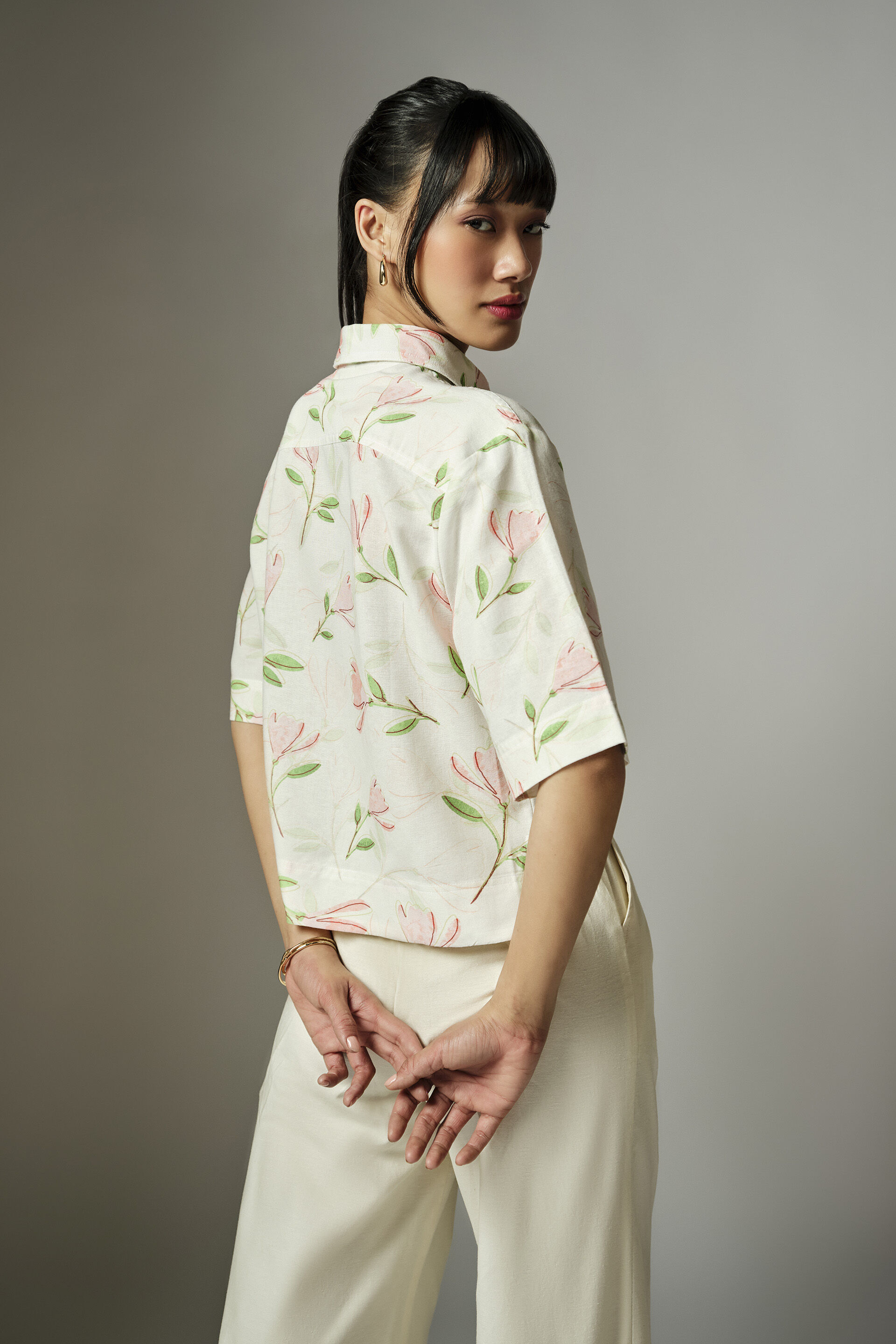 Floral White Cropped Shirt, Pink, image 5